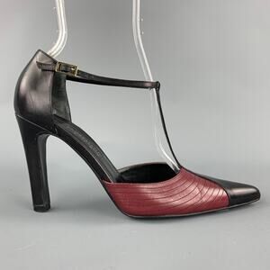 LAMBERTSON TRUEX Size 7 Black & Red Leather T-Strap Pumps